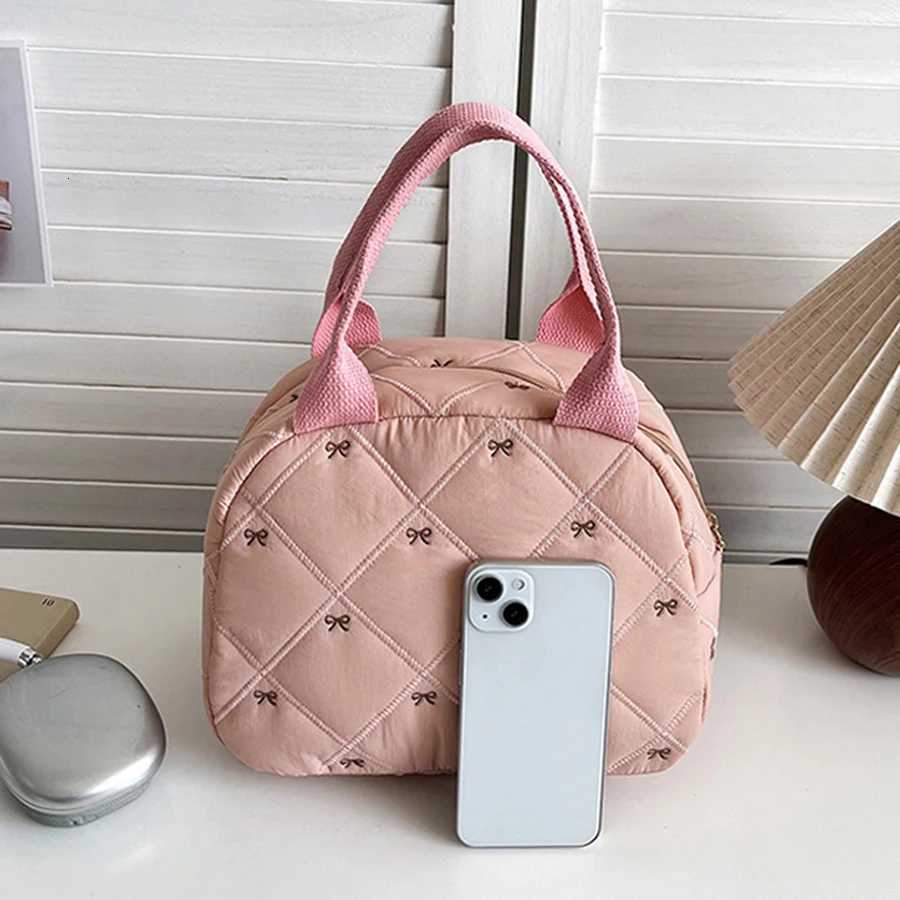 Stitching Embroidery Butterfly Knot Handbag Korean Style Soft Cotton Commuter Lunch Box Bag Student Handheld Bag Pouch Y250730