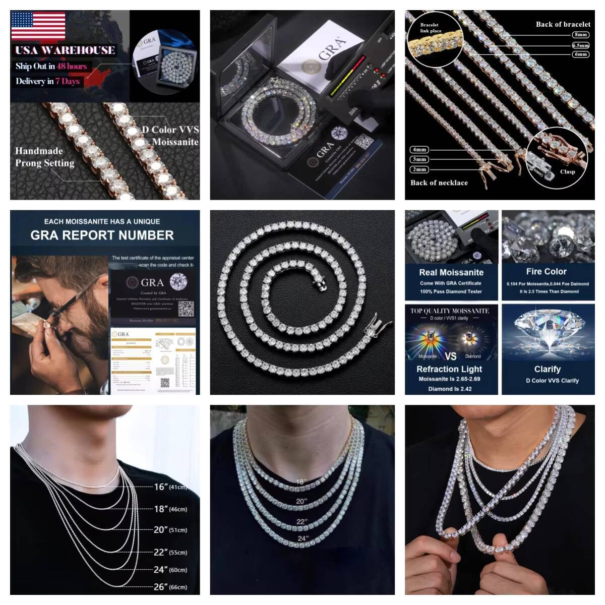 Holycome Silver Gold Custom Jewelry Hip Hop Bling VVS1 3MM 4MM 5MM 6.5MM Ice Out Diamond Moissanite Tennis Chain