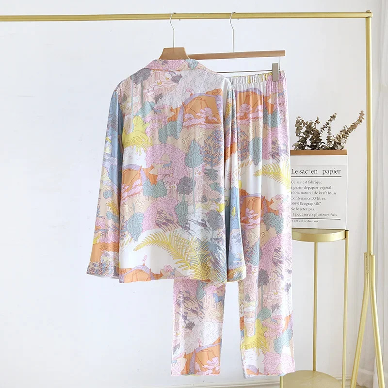 Printed Long Sleeved Pants Home Clothing Set for Womens Spring and Summer est Cotton Pajamas Smooth Drape Feeling 250730