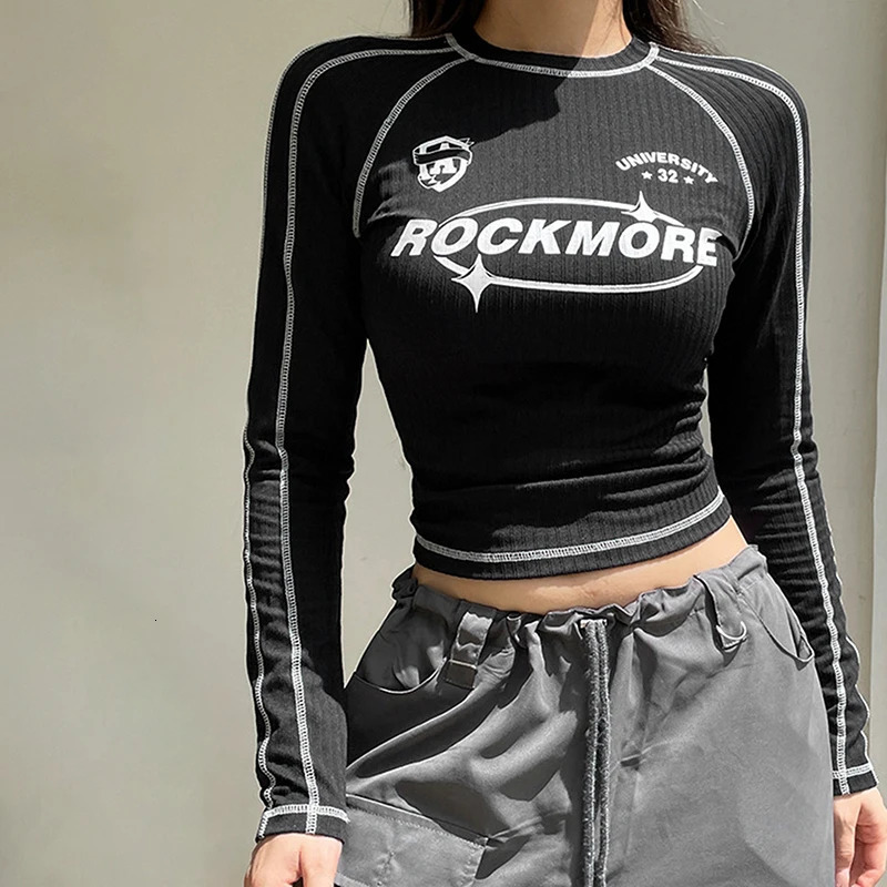 TShirt Women Spring Black Fashion Streetwear Long Sleeves ONeck Crop Top Print Letter Casual Slim Female Tees 250730
