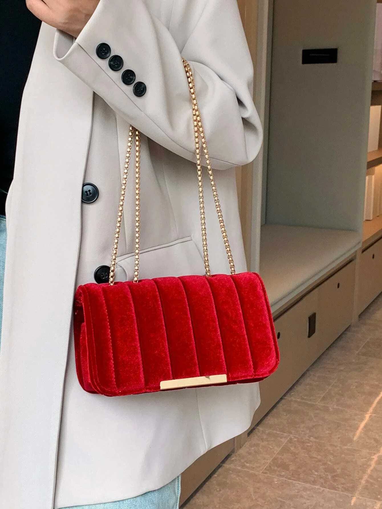 Neon Red Flap Chain Square Bag Velor Leather Fashionable Dating Gift Shoulder Crossbody Bag With Chain Strap For Women Y250730