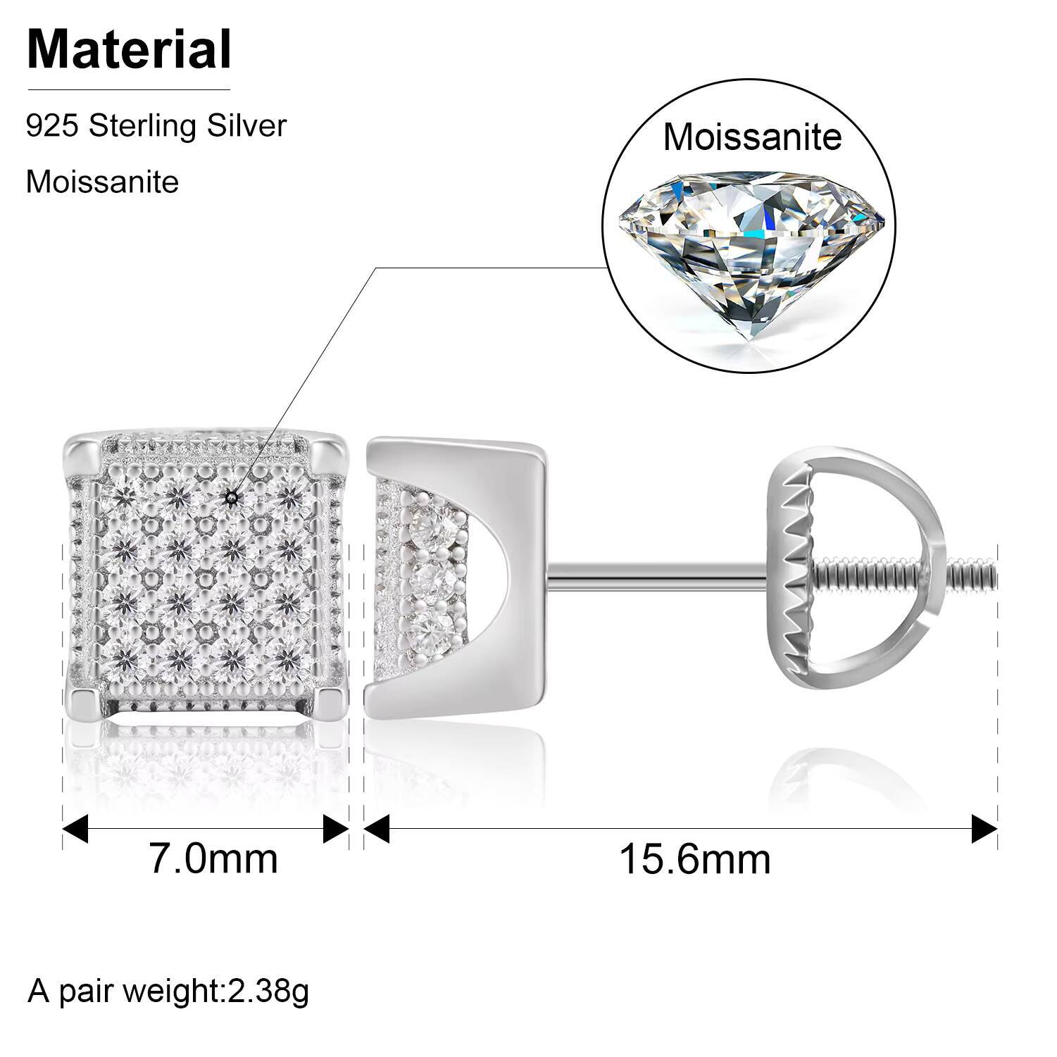 925 Sterling Silver Moissanite Diamond Screw Back Earrings Men Gold Plated Waterproof Stud Earrings With Certificate