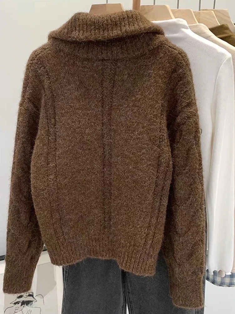 Women Autumn Winter Lazy Style Loose Knitted Cardigan Retro Solid Color Double Zipper Turndown Collar Sweater Top 250730