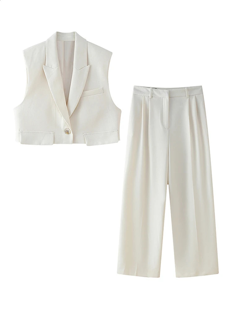 Elegant Vest Pant Set White Vneck Sleeveless Button Short Top Wide Leg Pants Female 2025 Summer Fashion Office Lady 250724