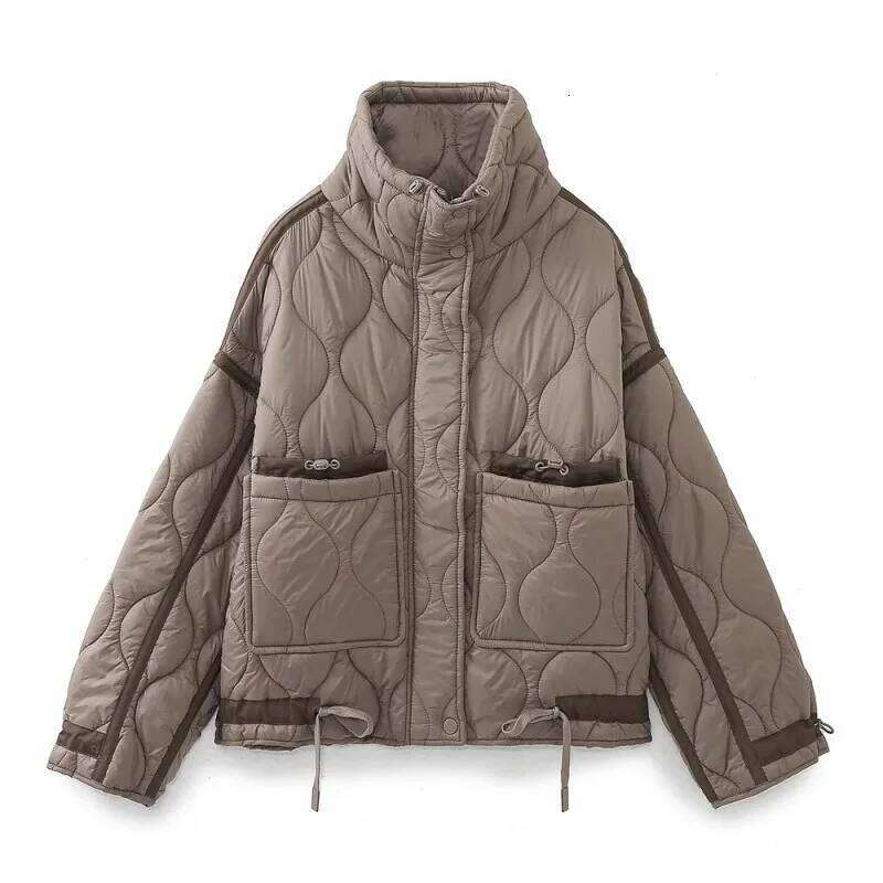 Standing Collar Dia Grid Cotton Women's Autumn And Winter New Fashion Design Sense Pocket Thick Short Jacket 250728