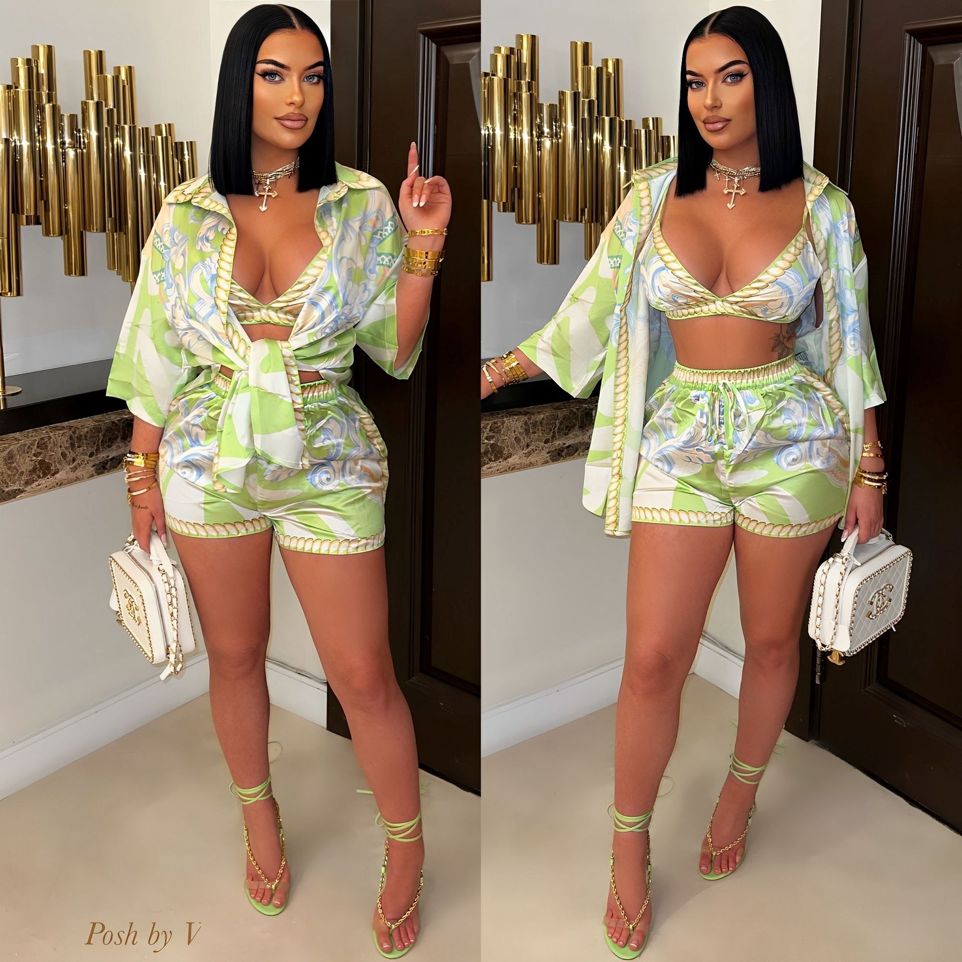 D2509 new womens casual printed beach swimsuit chest wrapped shirt shorts three piece set