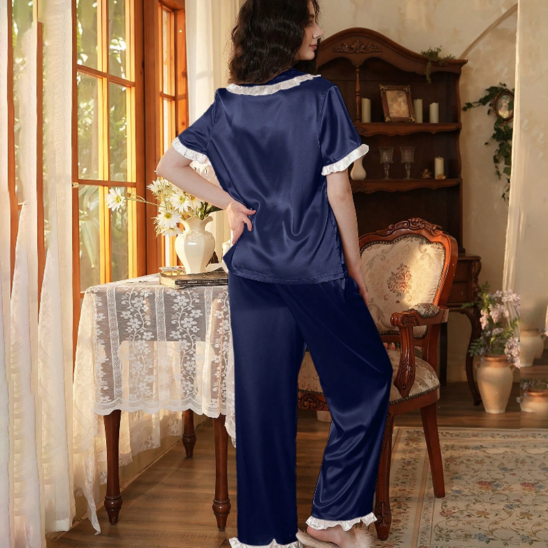 2025 New Women's Spring and Autumn Silk Color Block Lace Short Sleeve Long Pants Pajama Set Homewear