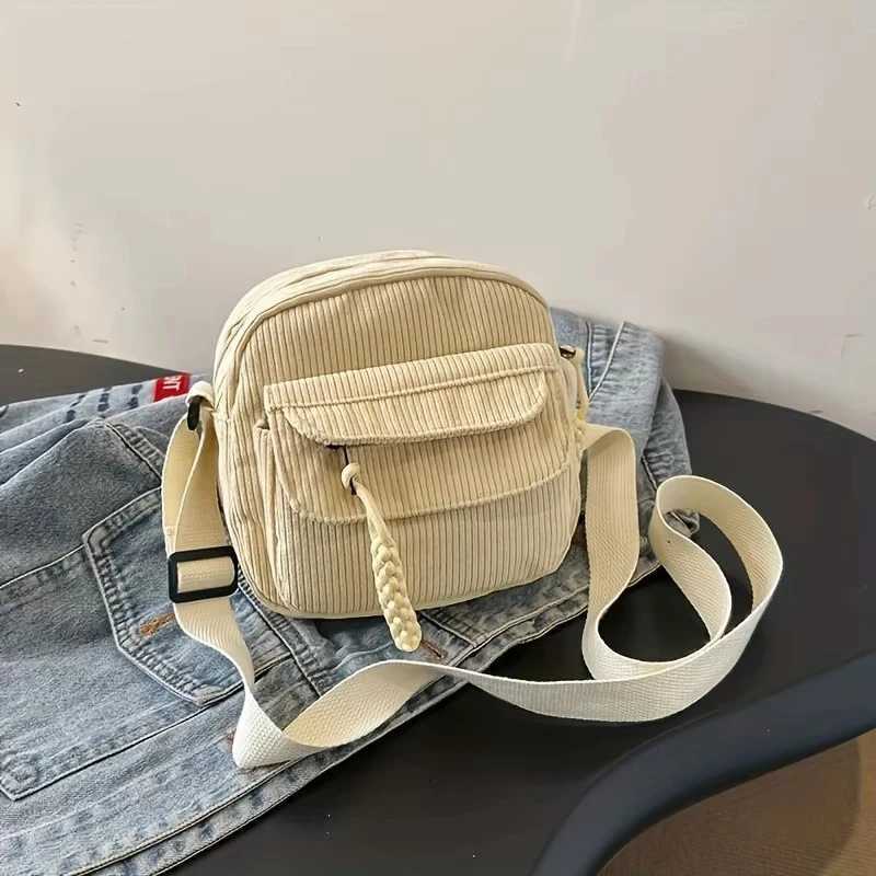 Corduroy Crossbody Bag for Women Casual Harajuku Style Zipper Closure Adjustable Strap Multi Pockets Polyester Lining Beige Y250730