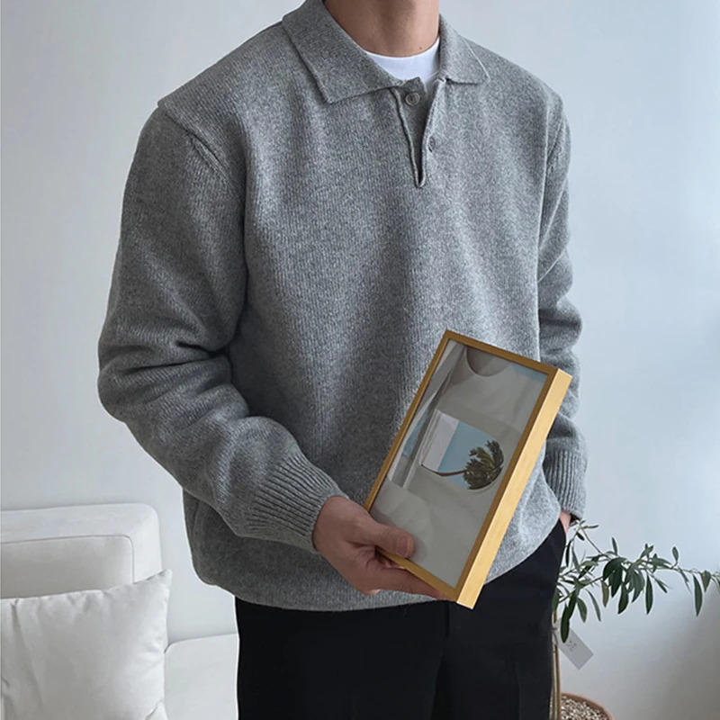 Autumn Winter Mens Knit Jumper Tops Casual Solid Color Button Lapel Sweaters Vintage Long Sleeve Sweater Polo Shirts 250731