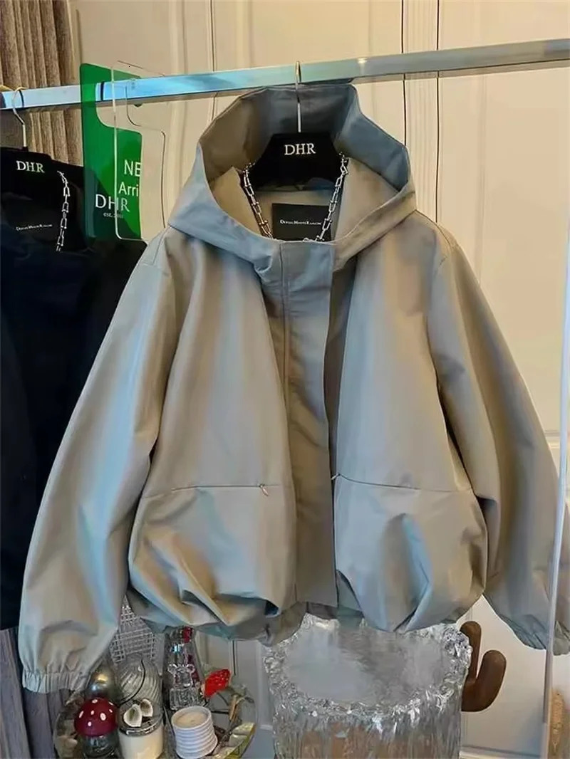 Unique Women Spring Autumn Hooded Short Jacket Casual Drawstring Pocket Windbreaker Loose Zipper Basic Coat 250728