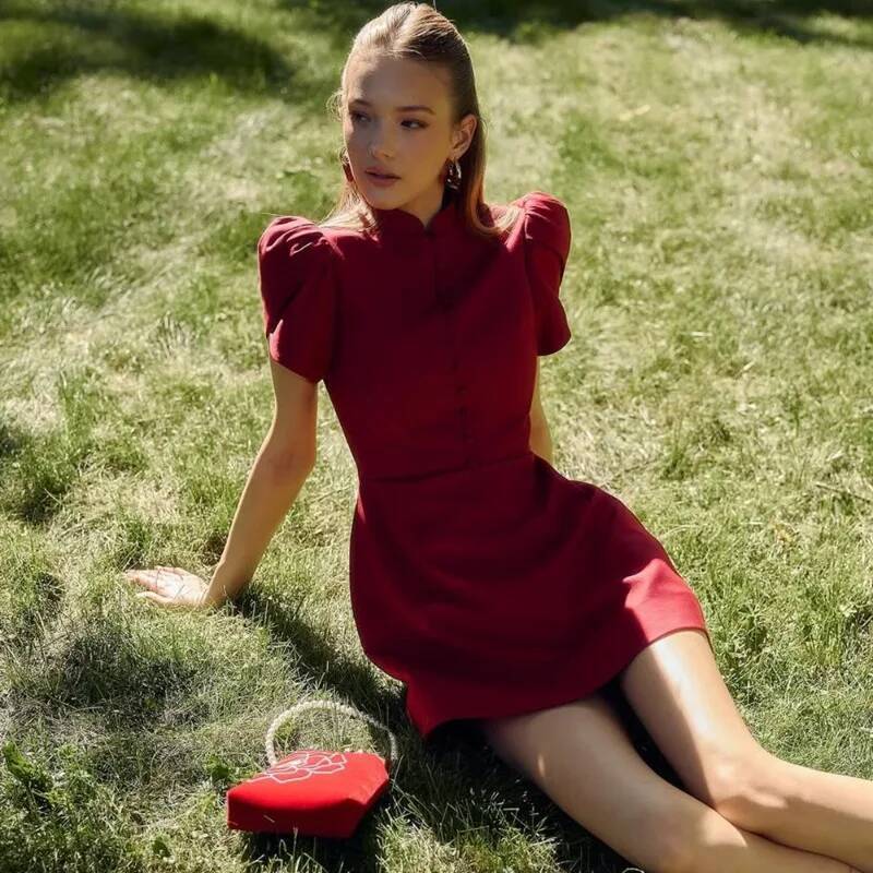Talenza Evening Summer Pink Stand Neck High Waist Bubble Sleeve A-line Elegant Patchwork Fashion Women Dress dongdumaoyi