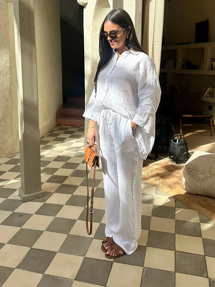 Casual Women Trousers Sets Lapel Single Breasted Long Sleeve Loose Top Wide Leg Pant Set 2025 Summer Cotton Linen Lady Suits 250724