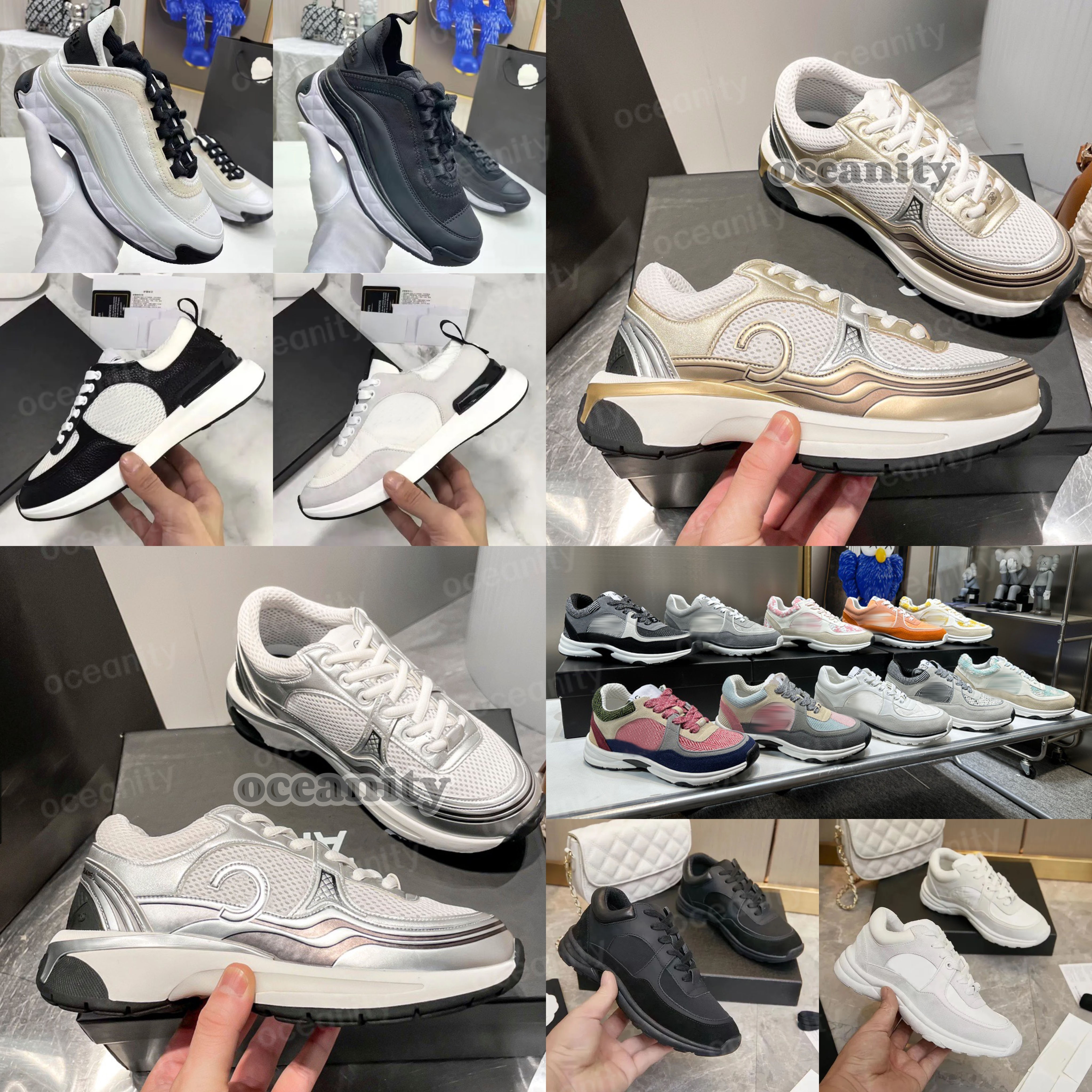 Designer Running Shoes Leather Sport Runner Lace Up Sneakers Shoe Gold Silver Metallic Flat Womans Trainer Calfskin size35-42