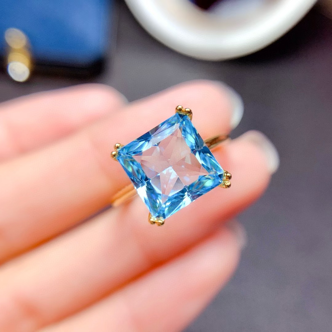 Pure Light Blue Natural Topaz Ring 8mm*10mm 3ct London Blue Topaz 925 Silver Ring 18K Gold Plated Genuine Topaz Jewelry for Daily Wear