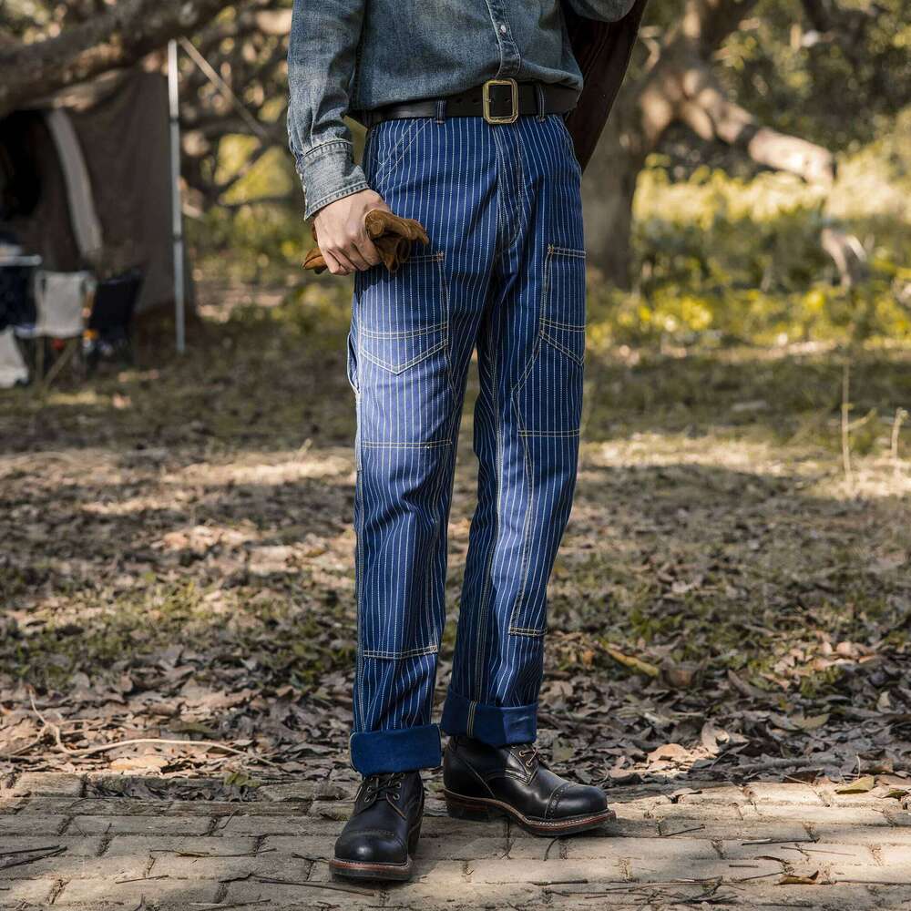 Red Tornado Double-Front Indigo Wabash Stripes Canvas Pants Derrickman Overalls Ameki