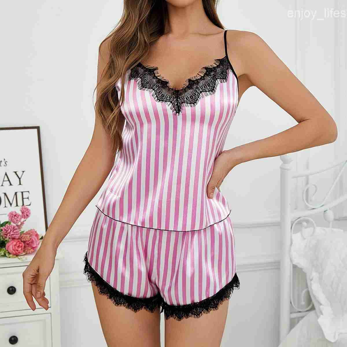 Two Piece Womens V-Neck Sexy Lace Suspender Pajama Shorts Set Casual Womens Sleeveless Sexy Pajama Set