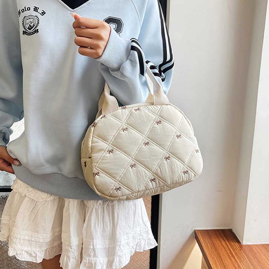 Stitching Embroidery Butterfly Knot Handbag Korean Style Soft Cotton Commuter Lunch Box Bag Student Handheld Bag Pouch Y250730