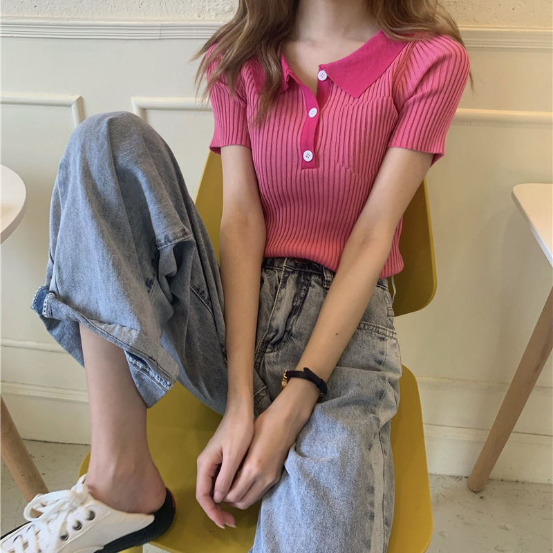 2025 Women's S Retro Short Sleeve Collar Slim Fit Versatile Fine Stripe Ice Silk Knitted Shirt Slim Fit Women's New Designer T-shirt