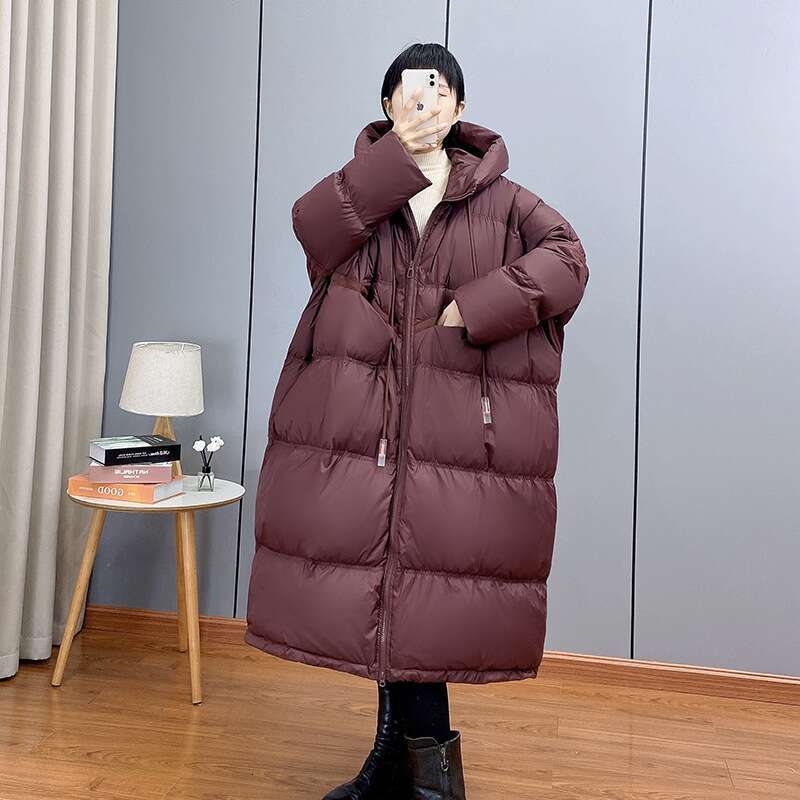 Designer Clothing 2025 Janveny 2025 New Winter Hooded Drawstring Loose Puffer Jacket Women Solid Casual Silhouette Long 90% White Duck Down Warm Coat