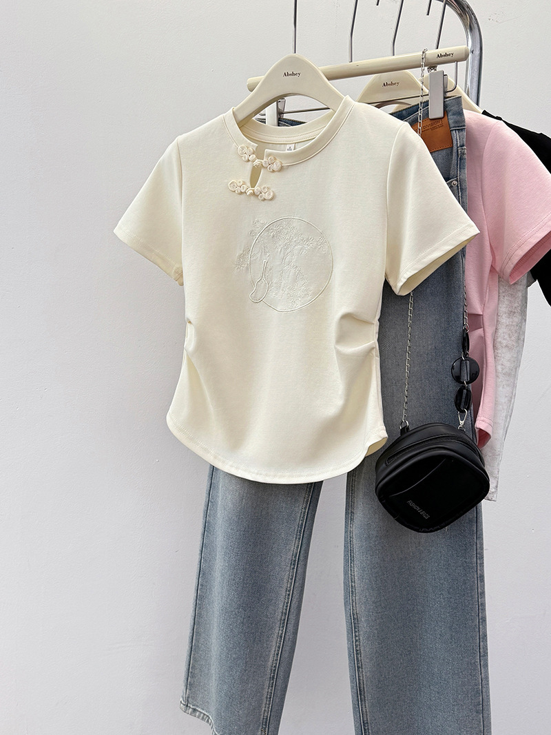 2025 Chinese embroidery short sleeved women's S T-shirt summer new design sense niche ethnic style button slim fit short top new designer T-shirt