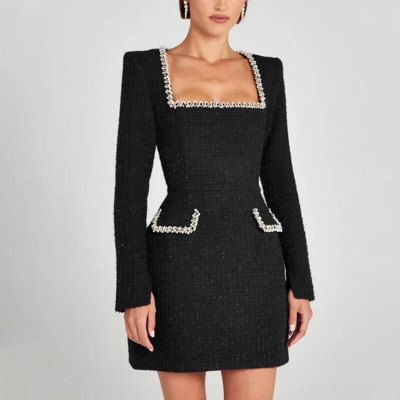 Talenza Long Sleeve Tweed Women's Elegant Square Neck Party Evening Gown Retro Slim Patchwork Short Dress Vestido ddmysept
