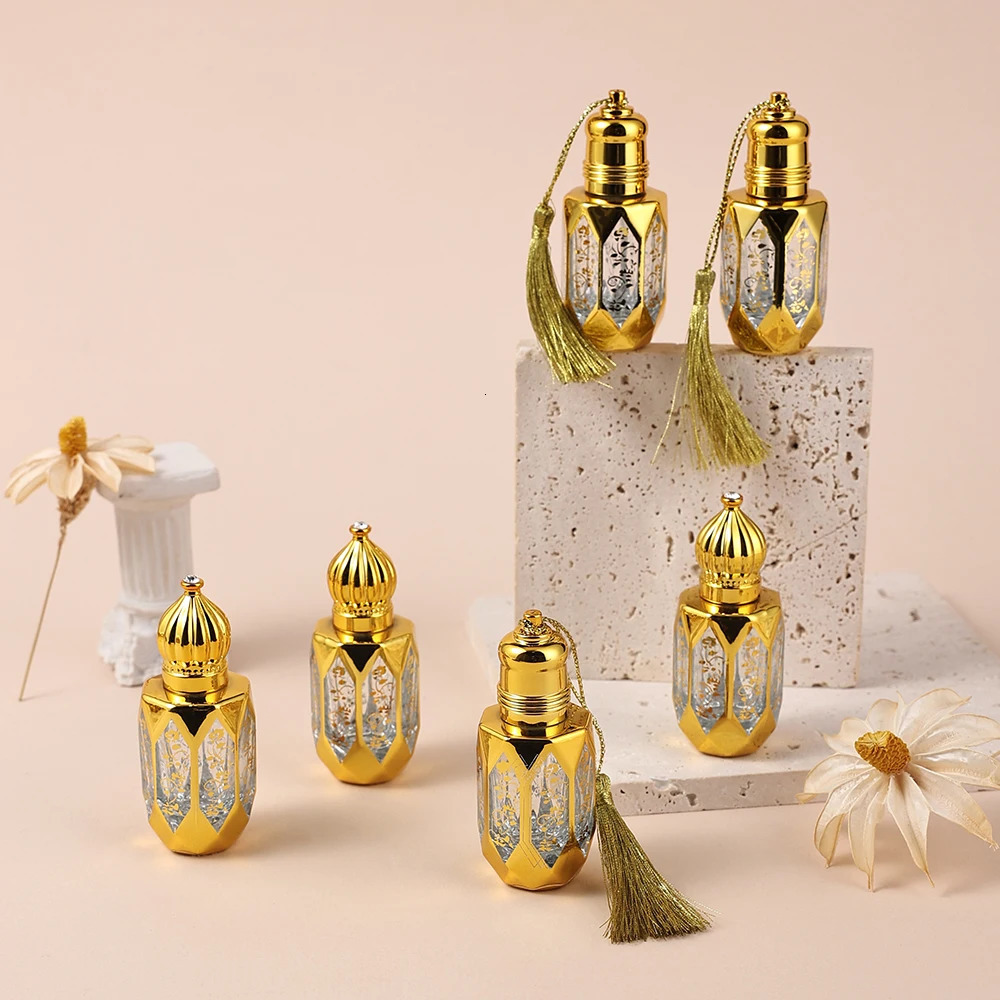 10pcs 12ml Mini Gold Empty Glass Roller Bottles for Essential Oil roll on bottles refillable Travel perfume Octagon bottle 250726