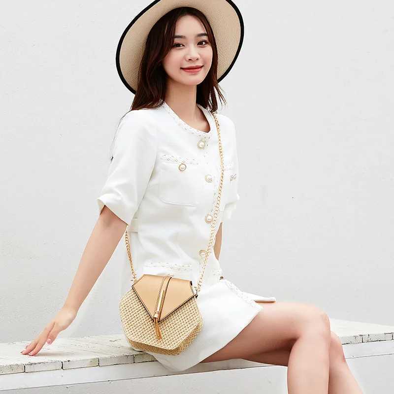 Hexagon Shape Straw PU Leather Handbag Women Summer Rattan Bag Handmade Woven Beach Bohemia Chain Strap Shoulder Crossbody Bags Y250730