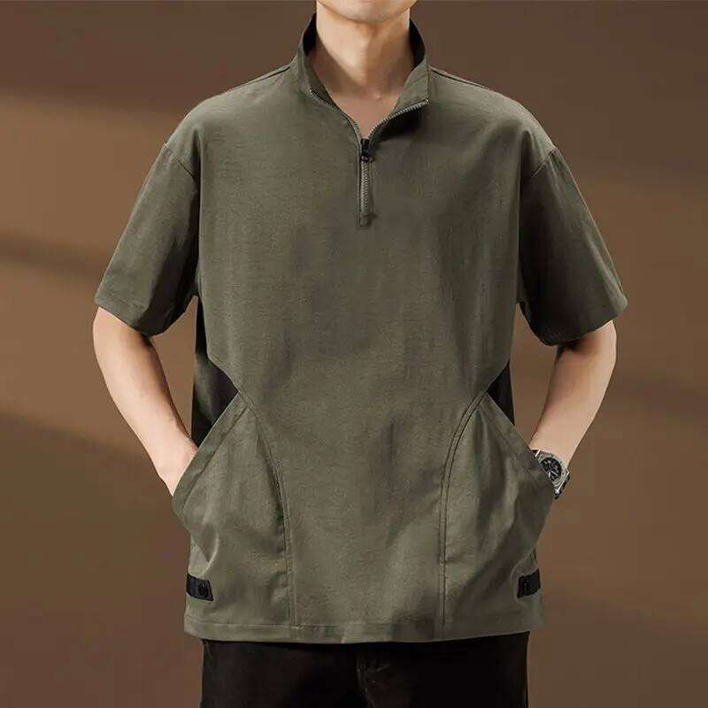 Pocket Zipper Patchwork Street Casual Tops Men's Summer New Thin Short Sleeve Loose Vintage T Shirts Fashion Trend Men Clothing