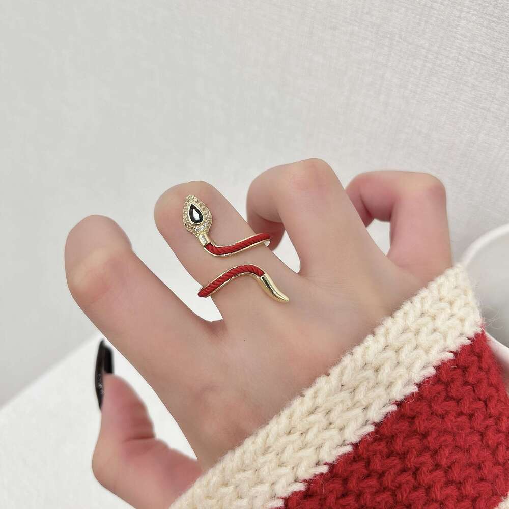 Festive Red Rope Zodiac Snake Open Birth Year Fortune Index Finger Design New Chinese Style Ring 8c4