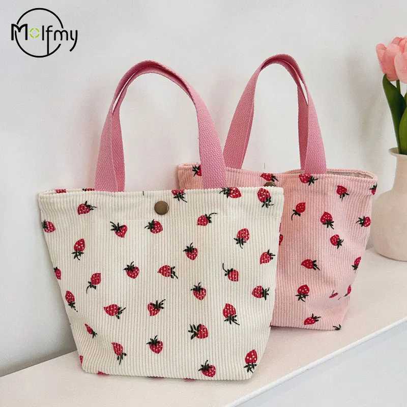 Womens Bag Strawberry Cosmetic Lunch Bento Bag Corduroy Female Travel Shoulder Bags Simple Portable Storage Handbags 2024 Y250730