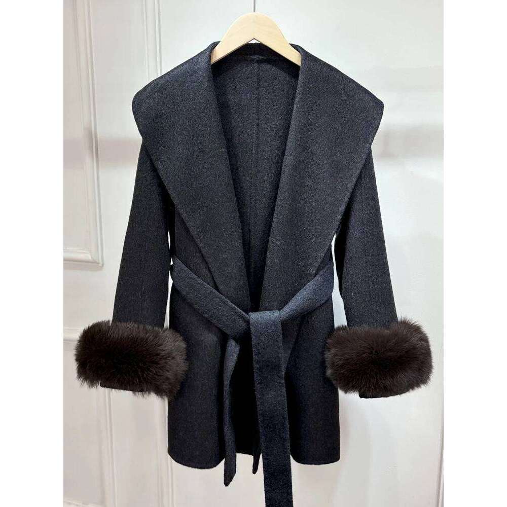 Designer Clothing Janveny 2025 New Winter Real Natural Fox Fur Cuff Ladies Outwear Female Cashmere Wool Coat Outerwear Women Woolen Jacket Fashion