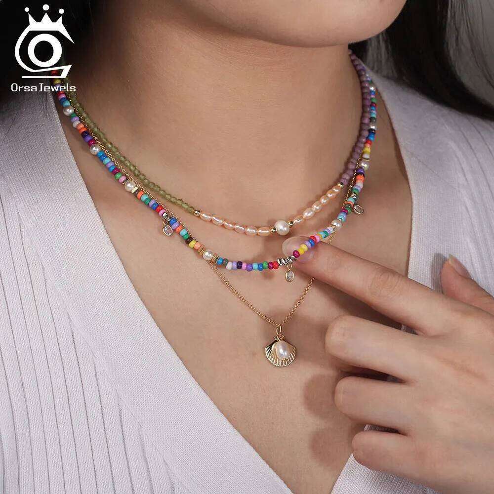 Trendy ORSA JEWELS Sier Shell Pearl Choker with Colorful Beads 3mm Adjustable Necklace for Women Jewelry Party Gift PSN06