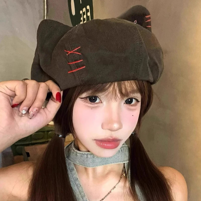 Japanese Cute Cat Ear Beret Womens Sweet and Cool Fashion Hats Niche Cloud Painter Hat 250730