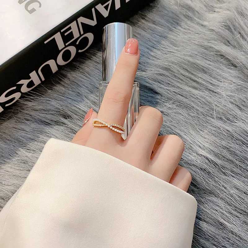 Stainless Steel Temperament Pearl and Zircon Double Layer Crossing Rings for Women Luxury Finger Jewelry Bride Gift Colorfast y250730