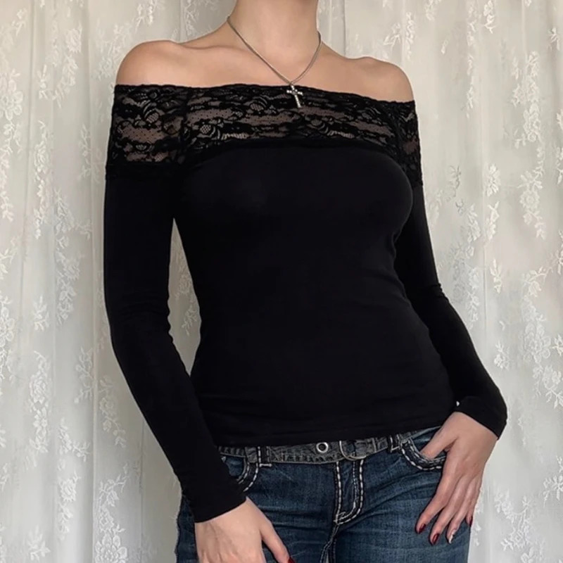 BIIKPIIK Black Lace Patchwork Long Sleeve Tshirts Women Casual Sexy Slash Neck Slim Fit Tops Concise Allmatch Lady Tees Autumn 250730