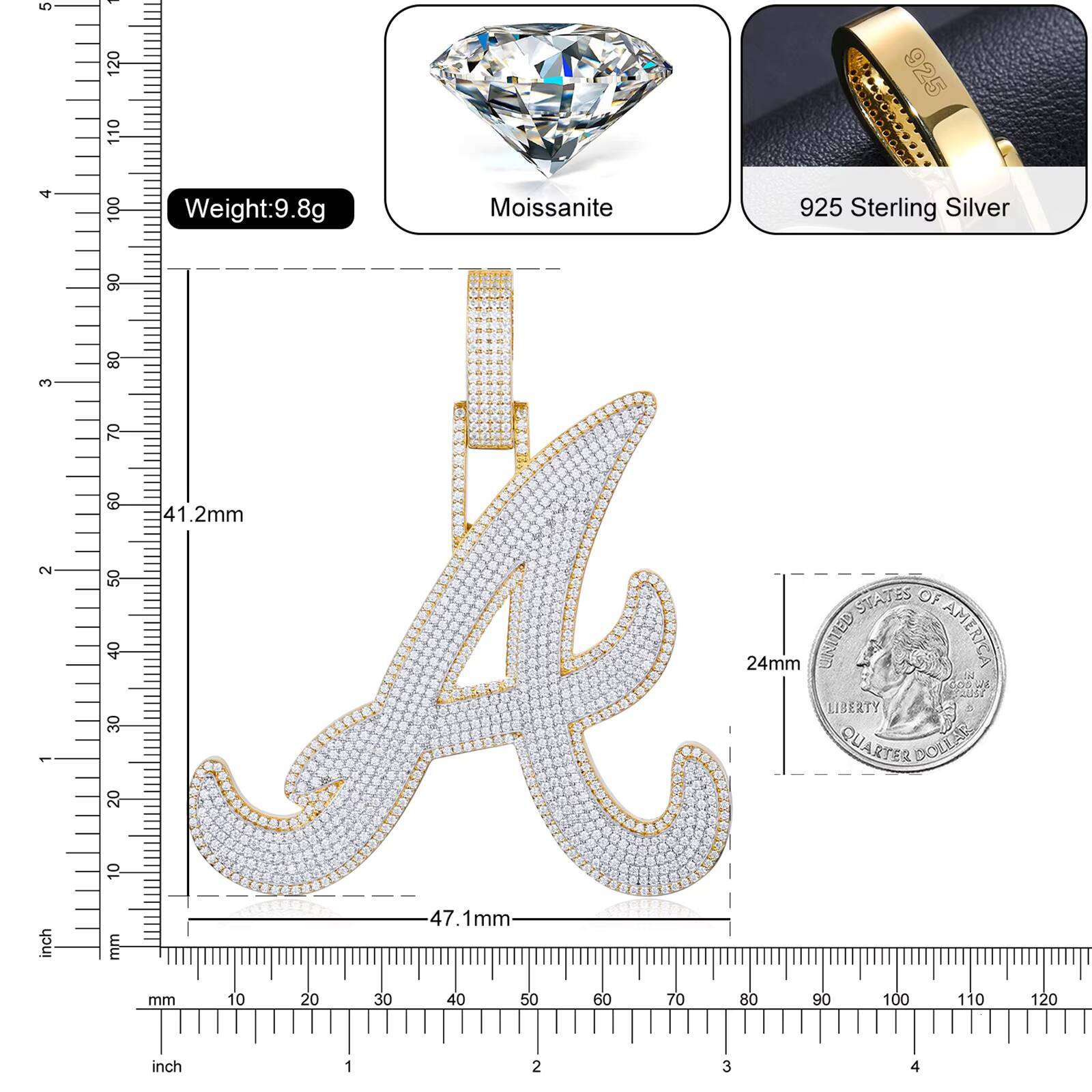 Micro Paved VVS Moissanite Iced Out Initial a Pendant Sparkling 925 Sterling Silver VVS Mossanite Diamond Hiphop Letter Pendant