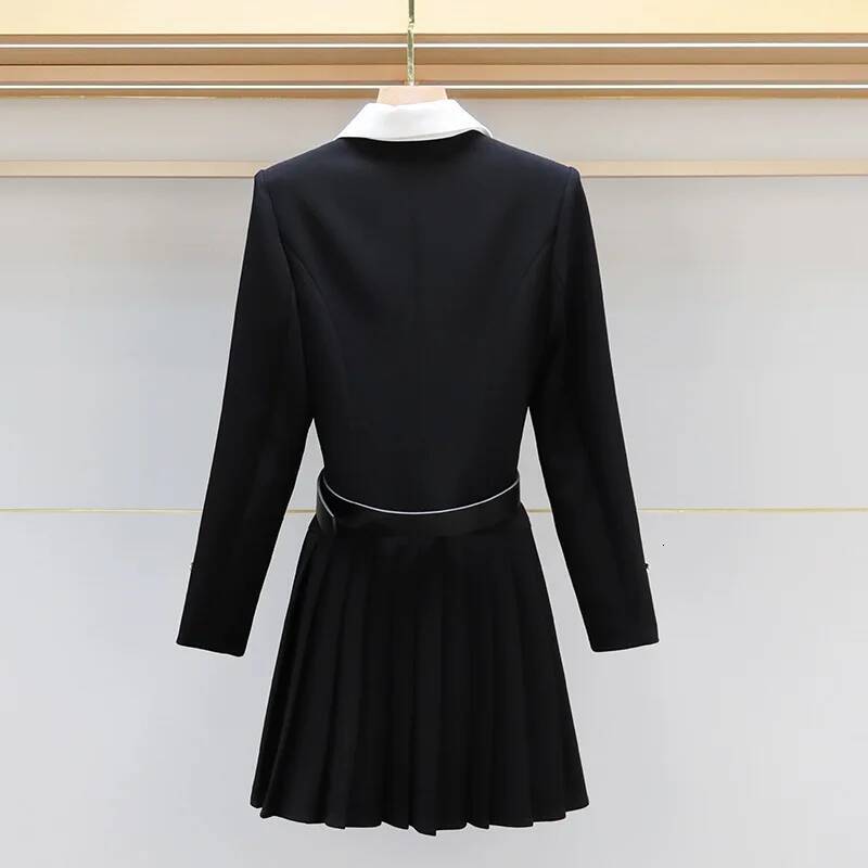 Quality 2025 Spring Autumn Single Breasted Golden Button Long Full Sleeve Blazer Suit Coat Pleated Short Dresses Women dongdumaoyi