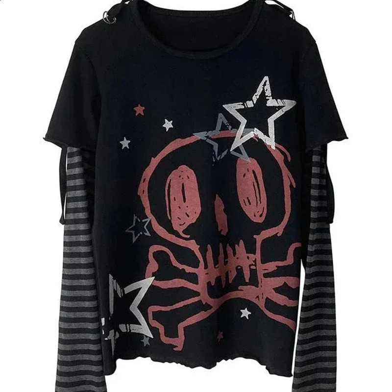 90s Y2K Aesthetic T-shirt Emo Scene Skull Dark Graphic Long Sleeve T Shirt Women Punk Cartoon Harajuku Tee Kawaii Top 250725