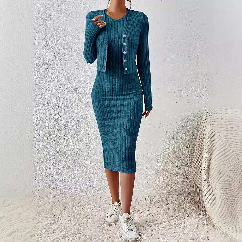 Spring Autumn Solid Color Front Button Short Top and Slim Fit Dress Set