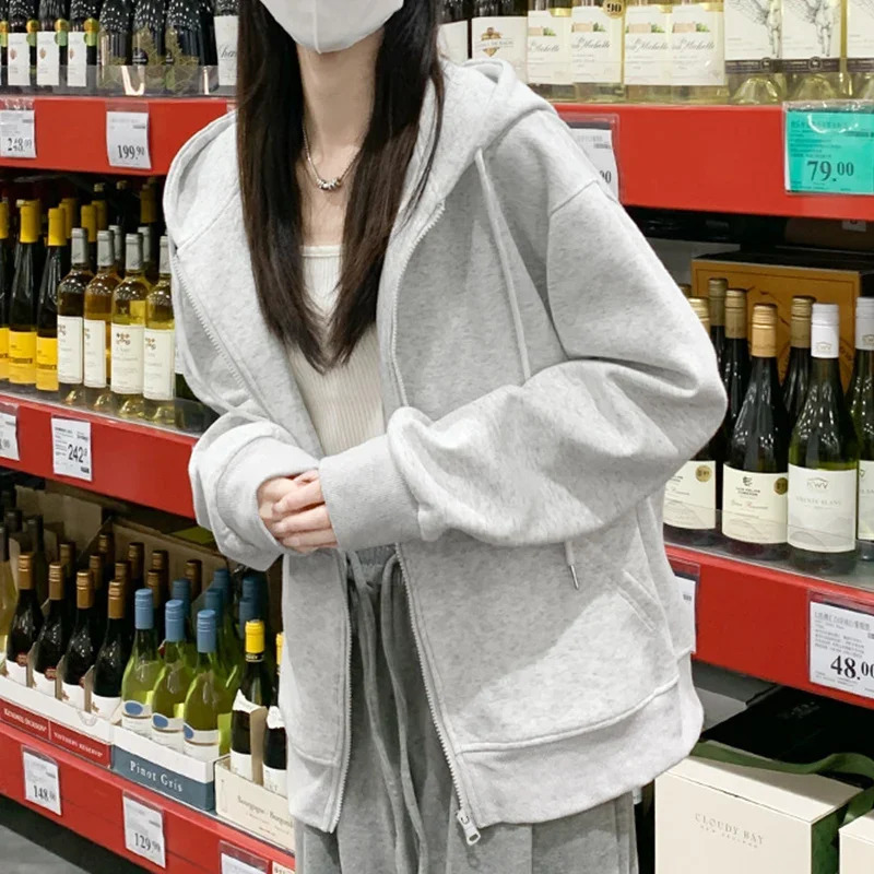 Spring Autumn Womens Casual Hooded Sweatshirt Loose Lazy Style Versatile Cardigan Coats Korean Simple ZipUp Drawstring Hoodies 250731