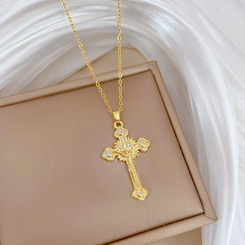 New High-end 316L Stainless Steel Cross Pendant Zircon Diamond Jesus Chain Necklace for Men Women 18K Gold Plated Pendant Street Trendy Jewelry Global