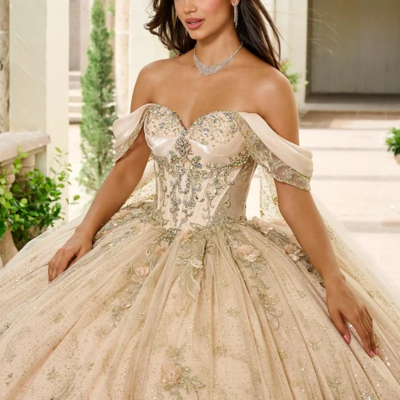Champagne Shiny Quinceanera Dresses Ball Gown Off The Shoulder Applique Flower Beads Tull Party Birthday Sweet 16 Dress Vestidos 15 Anos