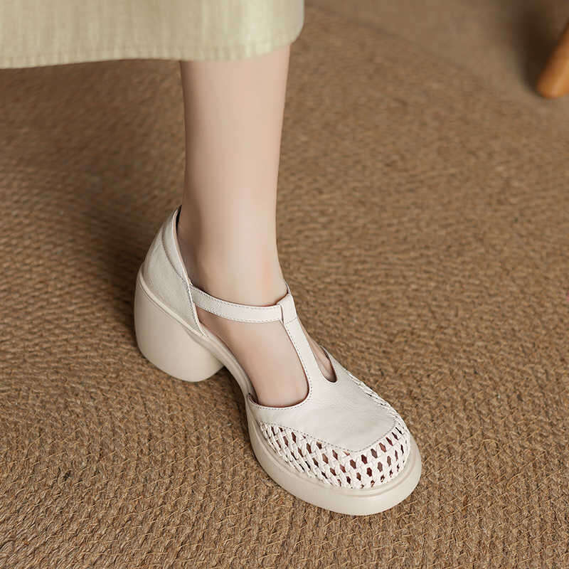 Genuine Leather Hollow Out Peep Sandals 2025 Summer New Round Toe Thick Sole Chunky Heel Thong Strap High Heels