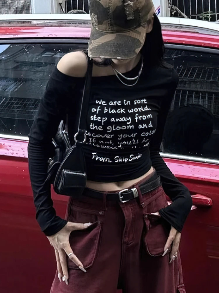 Vintage Y2k Off shoulder Long sleeve T shirt Women Body Sexy Letter Print Basic Baby Crop Top Lady Korean Chic Tees Slim fit 250730