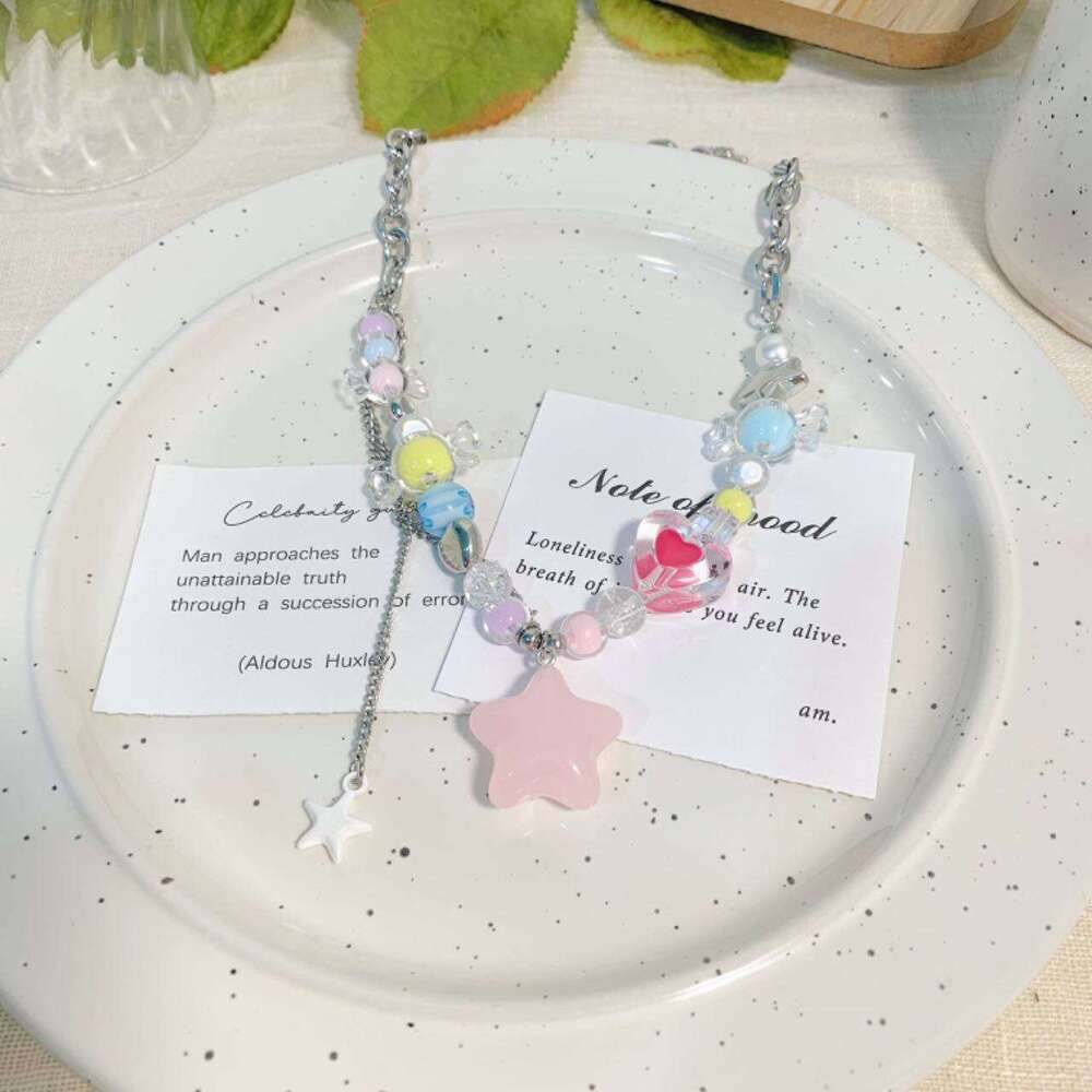 Dopamine Colorful Beaded Star Tassel Necklace Summer Sweet Heart Collarbone Chain Light Versatile Elegant Choker 996