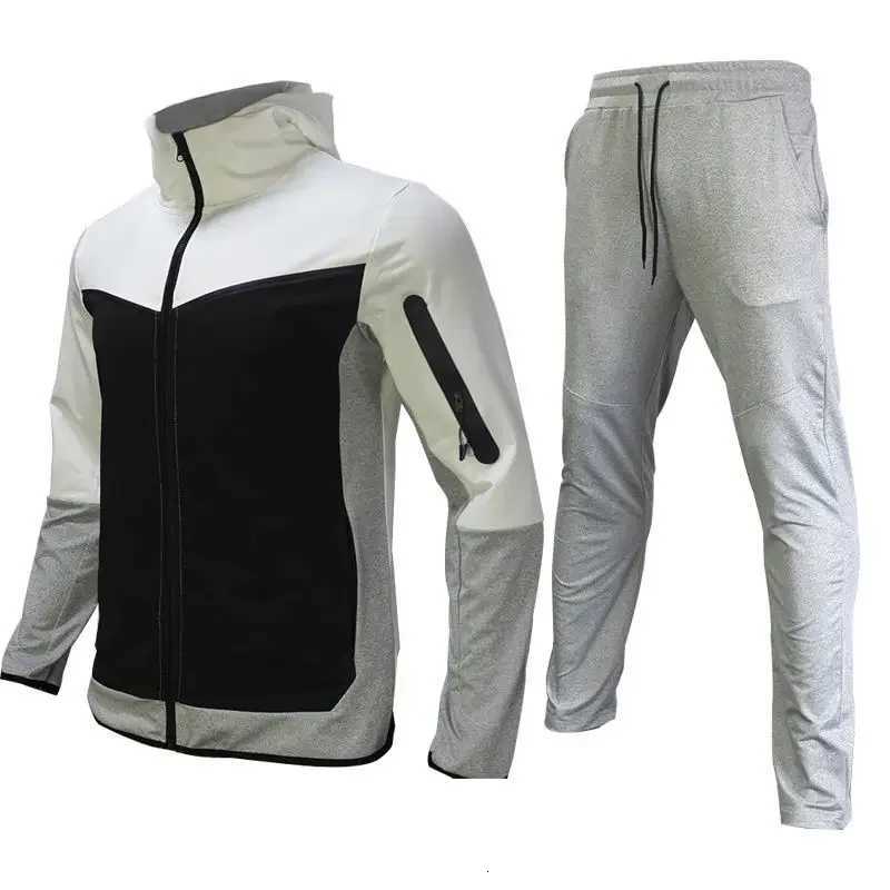 Mens Autumn-Winter Full Set with Hood Sports Jacket Sweatshirt Long Sleeves Pants Color-blocked Open Cardigan Tight Hoodie Suit XJ250731