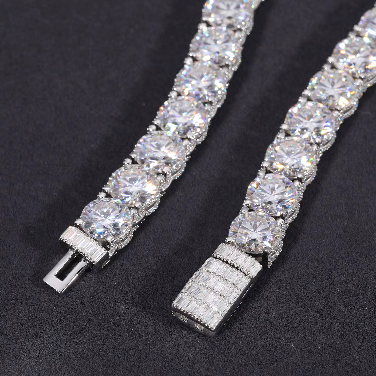 New Design Iced Out Bracket 10mm 925 Sterling Silver VVS Moissanite Diamond Baguette Buckle Tennis Chain Necklace