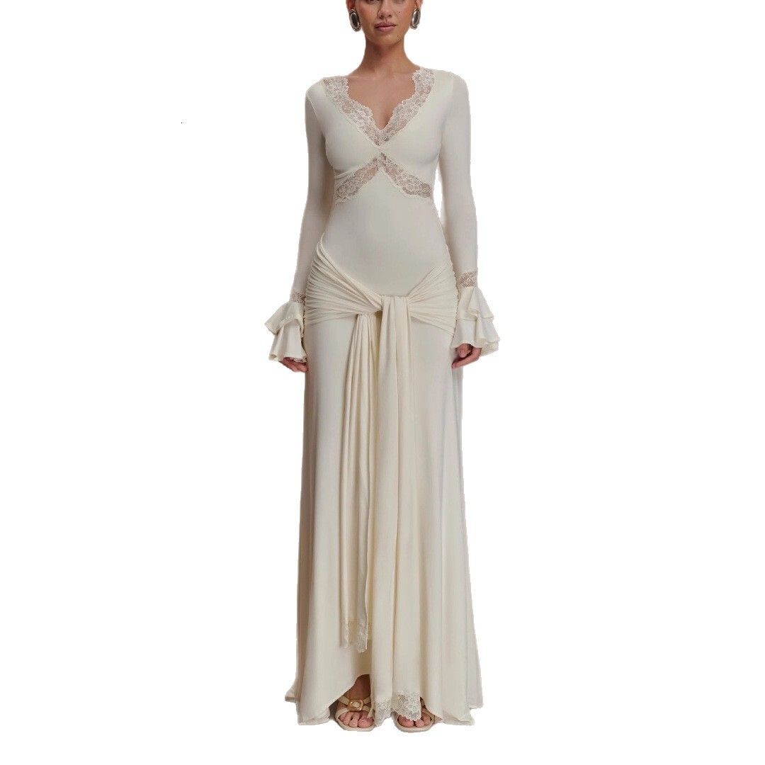 Womens New Fashion Bell Sleeve Lace Trim Dress Sexy Evening Gown Autumn Winter Dress