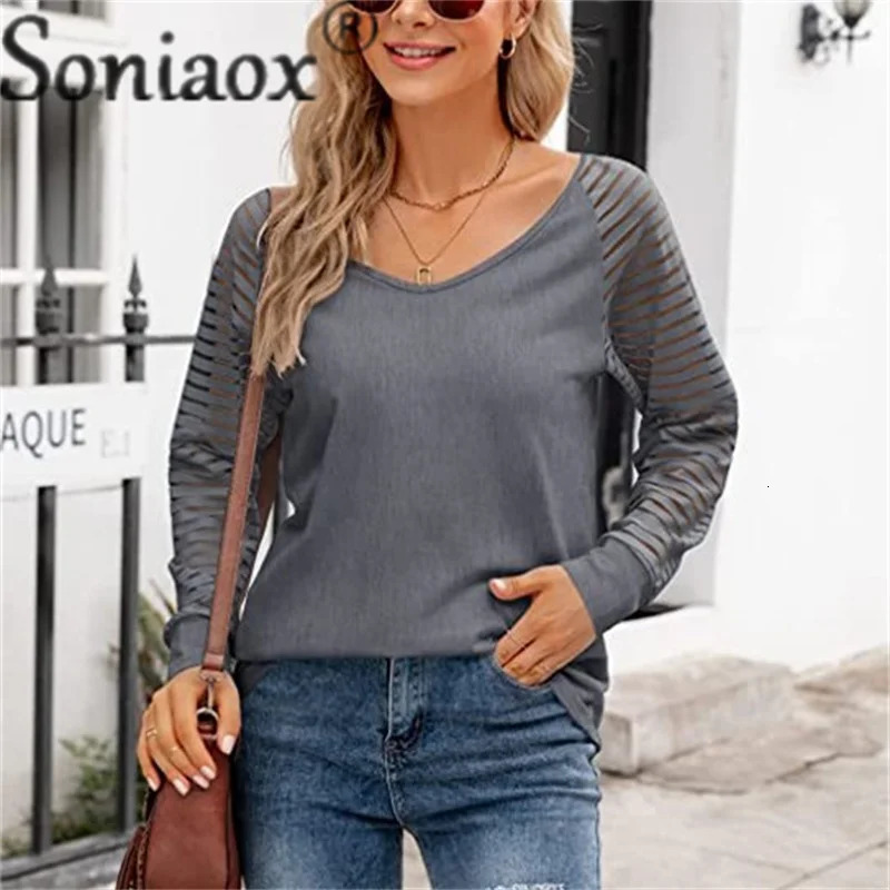Fashion Seethrough Striped Long Sleeve TShirt Female Autumn Loose V Neck Pullover Tops Women Solid Color Casual Tees w250729