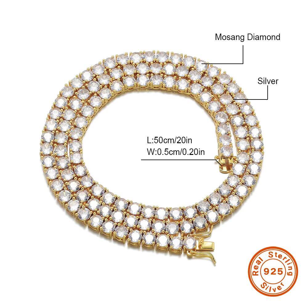 High Quality S925 Silver Hip Hop Jewelry 5mm Mozambique Tennis Chain Premium Moissanite Necklaces